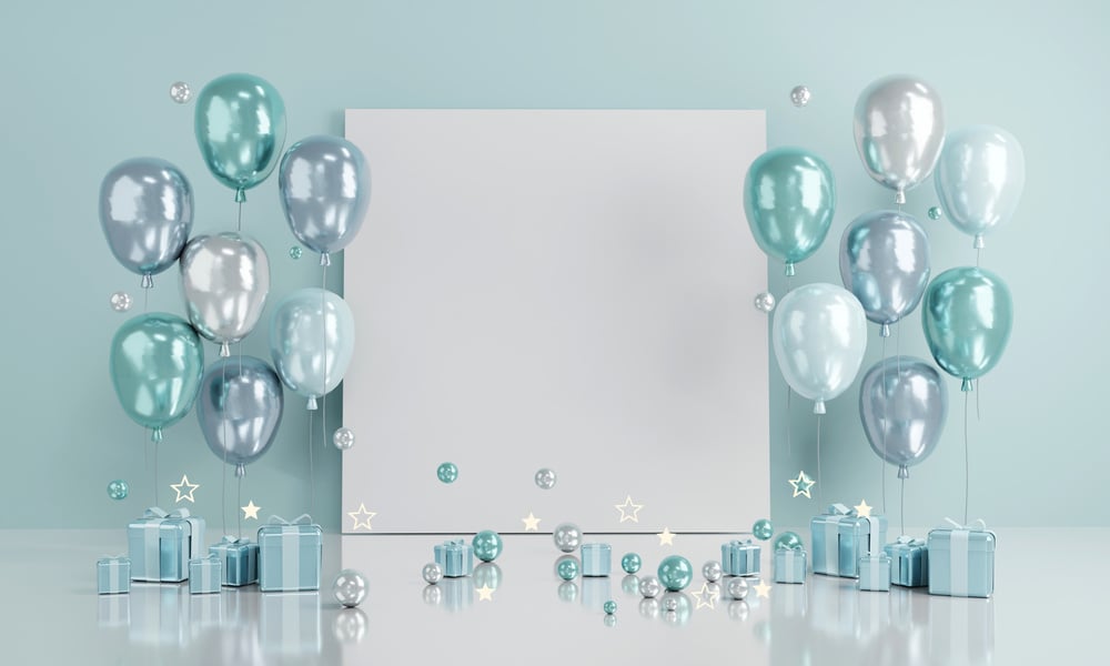 3D Render Balloons and Gift Boxes Backdrop